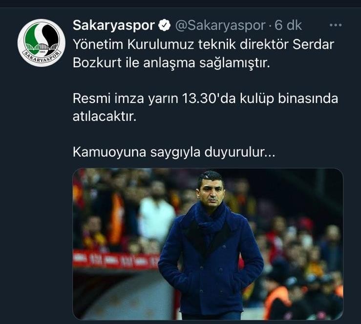Sakaryaspor’un takımın başına Serdar Bozkurt’u getirdi