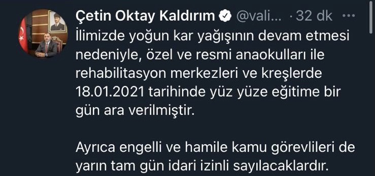 Vali Kaldırım duyurdu, yüz yüze eğitime bir gün ara