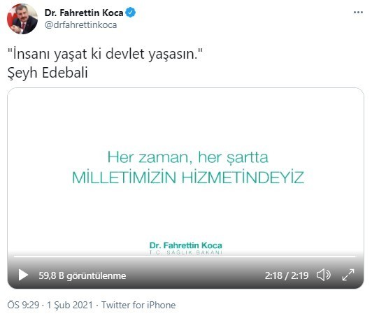 Bakan Koca’dan ‘insanı yaşat ki devlet yaşasın’ paylaşımı
