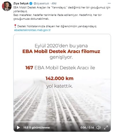 Bakan Selçuk’tan EBA Mobil Destek Araçları paylaşımı