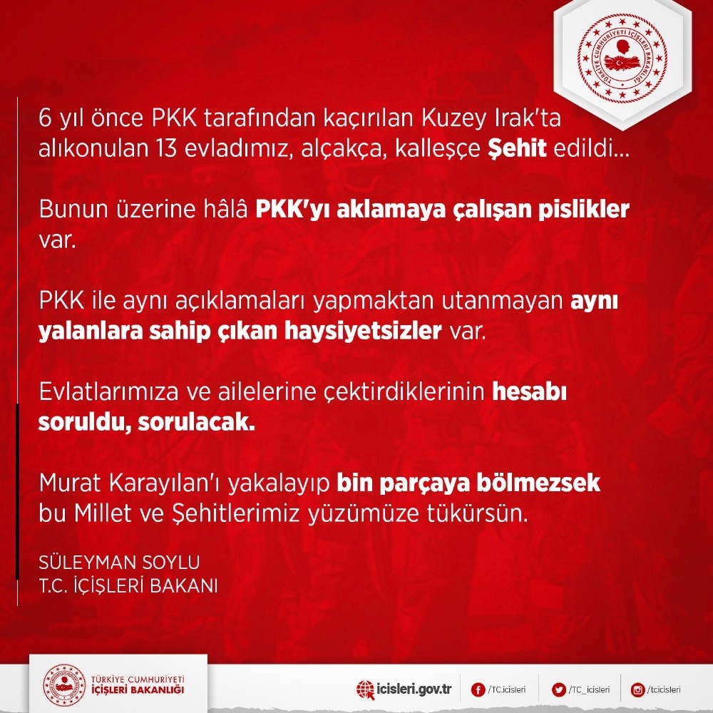 Bakan Soylu: “Murat Karayılan’ı yakalayıp bin parçaya bölmezsek bu millet ve şehitlerimiz yüzümüze tükürsün”