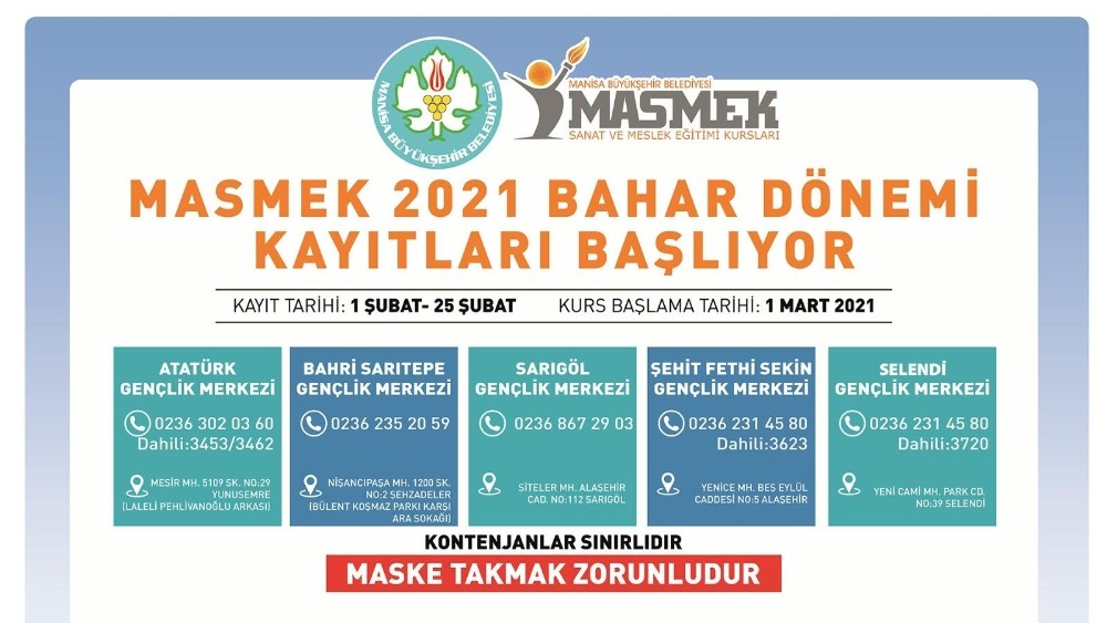 MASMEK’lerde 2021 Bahar Dönemi kurs kayıtları başlıyor