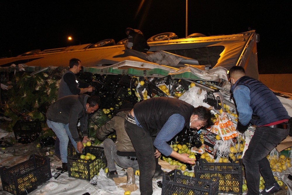 Tır devrildi meyveler saçıldı, yardıma hamallar koştu